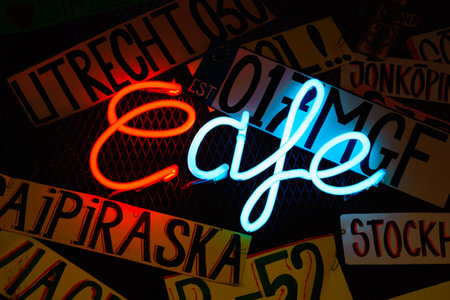 Neon shining signboard at nightの写真素材