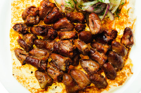 close up shot of restaurant food isolated on white backgroundの写真素材