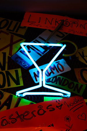 Neon shining signboard at nightの写真素材