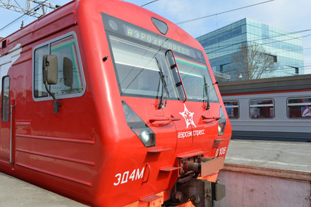 MOSCOW - MARCH 30:  Aeroexpress red train on Paveletsky station on March 30, 2014 in Moscow. Aeroexpress Ltd. is the operator of air rail link services in Moscow, Russiaのeditorial素材