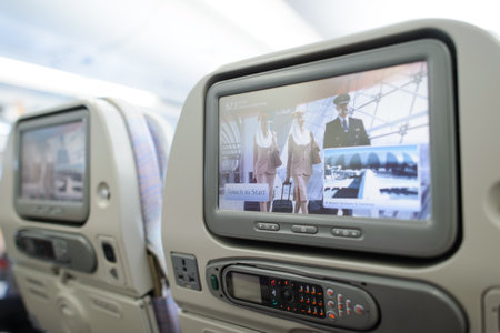 DUBAI - DECEMBER 10: Emirates Airbus A380 aircraft interior on December 10, 2014 in Dubai, UAE. Emirates handles major part of passenger traffic and aircraft movements at the airport.のeditorial素材