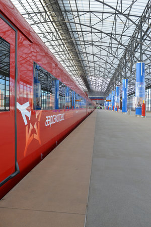 MOSCOW - MARCH 30: Aeroexpress red train in Sheremetyevo Airport on March 30, 2014 in Moscow....