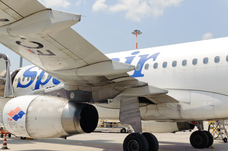 VENICE - JUNE 12: Spanair jet airplane landed on June 12, 2011 in Venice, Italy. Spanair S.A. was a...