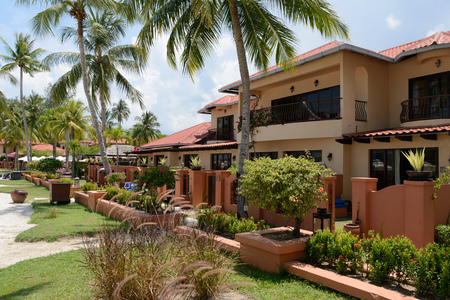 LANGKAWI - APRIL 30: Resort area near beach on Langkawi Island on April 30, 2014 in Langkawi, Malaysia. Langkawi is an archipelago of 104 islands in the Andaman Seaのeditorial素材