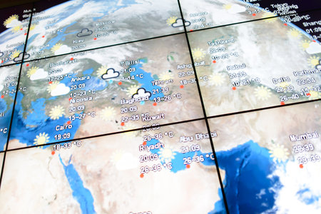 KUALA LUMPUR-APRIL 23: world map on screen on April 23, 2014 in Kuala Lumpur, Malaysia. Kuala Lumpur International Airport (KLIA) is Malaysia's main international airport and one of the major airports of South East Asiaのeditorial素材