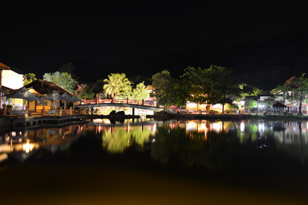 LANGKAWI - APRIL 29: Oriental Village on Langkawi island at night on April 29, 2014 in Langkawi, Malaysia. Oriental Village is best known as the home of the Langkawi Cable Car and Sky Bridge.のeditorial素材