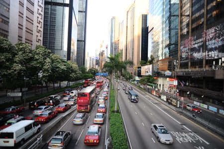 HONG KONG - MAY 09: traffic jam on streets of Hong Kong on May 09, 2012. Hong Kong tram is the only system in the world run with double deckers, major tourist attraction in Hong Kongのeditorial素材