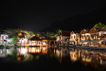 LANGKAWI - APRIL 29: Oriental Village on Langkawi island at night on April 29, 2014 in Langkawi, Malaysia. Oriental Village is best known as the home of the Langkawi Cable Car and Sky Bridge.のeditorial素材