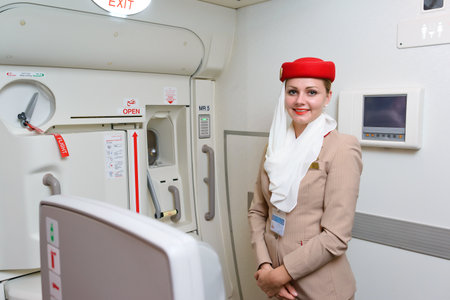 MOSCOW -JUNE 04: Emirates crew member on June 04, 2014 in Moscow, Russia. Emirates handles major part of passenger traffic and aircraft movements at the airport.のeditorial素材