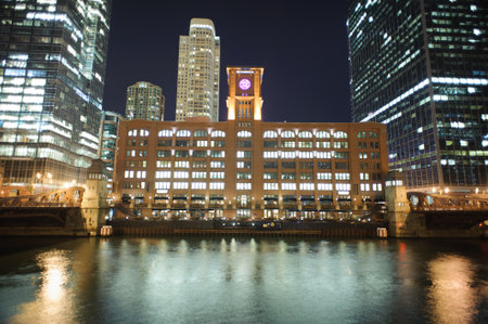 CHICAGO, IL - OCT 5: Chicago downtown at night on October 5, 2011 in Chicago, Illinois. Chicago is the third most populous city in the United States, after New York City and Los Angelesのeditorial素材