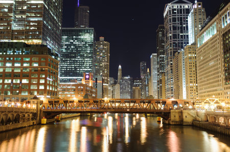 CHICAGO, IL - OCT 5: Chicago downtown at night on October 5, 2011 in Chicago, Illinois. Chicago is the third most populous city in the United States, after New York City and Los Angelesのeditorial素材