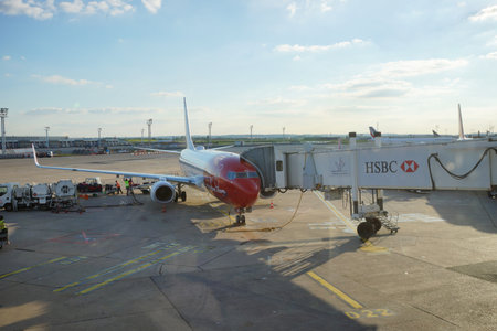 PARIS - SEPTEMBER 03: Boeing-737 docked in Orly Airport on September 03, 2014 in Paris, France. Paris Orly Airport is an international airport located partially in Orly, south of Parisのeditorial素材