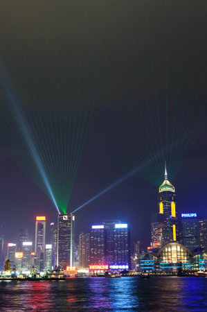 HONG KONG - NOV 10: A Symphony of Lights on November 10, 2011 in Hong Kong, China. A Symphony of Lights is the nightly multimedia show, which involves more than 40 buildings on both sides of the harbour.のeditorial素材