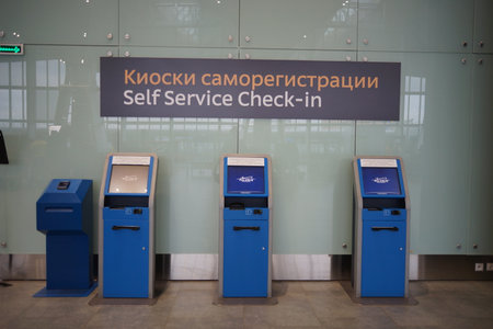 SAINT PETERSBURG - SEP 03: Pulkovo Airport check-in area on September 03, 2014 in Saint Petersburg, Russia. Pulkovo Airport is an international airport serving Saint Petersburg, Russia.のeditorial素材