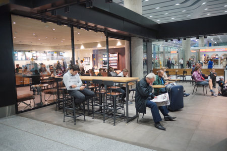 SAINT PETERSBURG - SEP 01: Starbucks Cafe interior in Pulkovo Airport on September 01, 2014 in Saint Petersburg, Russia. Starbucks is the largest coffeehouse company in the world, with more then 23000 storesのeditorial素材