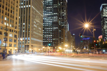 CHICAGO, IL - OCT 4: Chicago downtown at night on October 4, 2011 in Chicago, Illinois. Chicago is the third most populous city in the United States, after New York City and Los Angelesのeditorial素材