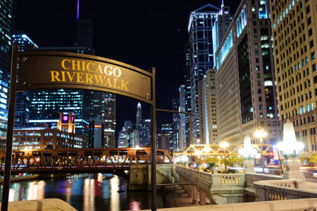 Signboard "Chicago riverwalk" near bridge in Chicago downtown, Illinoisのeditorial素材