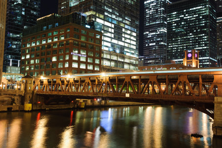 CHICAGO, IL - OCT 5: Chicago downtown at night on October 5, 2011 in Chicago, Illinois. Chicago is the third most populous city in the United States, after New York City and Los Angelesのeditorial素材