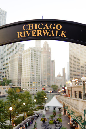Signboard "Chicago riverwalk" near bridge in Chicago downtown, Illinoisのeditorial素材