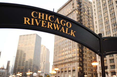 Signboard "Chicago riverwalk" near bridge in Chicago downtown, Illinoisのeditorial素材