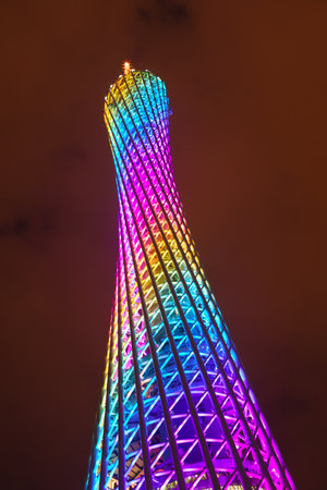 GUANGZHOU, CHINA - MAY 16: Guangzhou TV tower (Canton Tower) at night on May 16, 2013. The tower is a 600m, 1,969 ft tall multi-purpose observation tower was topped out in 2009 and it became operational on 29 September 2010 for the 2010 Asian Gamesのeditorial素材