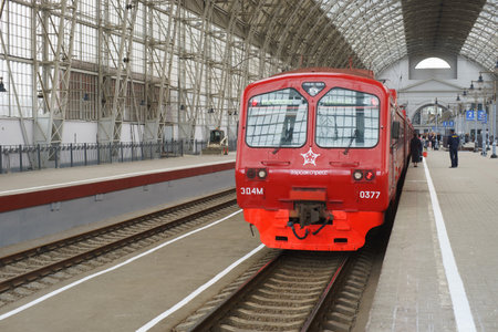 MOSCOW - MAY 03: Aeroexpress Train in Kiyevsky vokzal on May 03, 2013 in Moscow, Russia. Kiyevsky vokzal is one of the nine main railway stations of Moscow, Russiaのeditorial素材