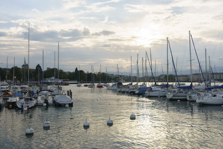 GENEVA - SEP 15: yachts on the lake in center of Geneva on September 15, 2014 in Geneva,...
