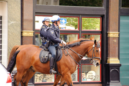 AMSTERDAM - MAY 18: Mounted police officers in Amsterdam on May 18, 2009, Amsterdam, The Netherlandsのeditorial素材