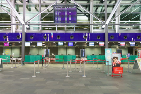 LEIPZIG, GERMANY - SEP 10: Airport interior on September 10, 2014. Leipzig Airport is an international airport located in Schkeuditz, Saxony and serves both Leipzig, Saxony and Halle, Saxony-Anhalt.のeditorial素材