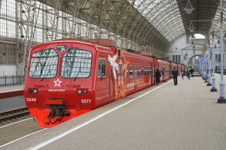 MOSCOW - MAY 03: Aeroexpress Train in Kiyevsky vokzal on May 03, 2013 in Moscow, Russia. Kiyevsky vokzal is one of the nine main railway stations of Moscow, Russiaのeditorial素材