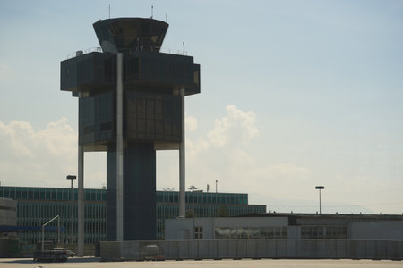 GENEVA - SEP 16: control tower on September 16, 2014 in Geneva, Switzerland. Geneva International Airport is the international airport of Geneva, Switzerland. It is located 4 km northwest of the city centreのeditorial素材