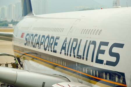 HONG KONG - NOVEMBER 03, 2015: The Airbus A380 of Singapore Airlines. Singapore Airlines Limited is...