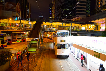 HONG KONG - DECEMBER 25, 2015: view from upper deck of double-decker tramway. The tram is the...