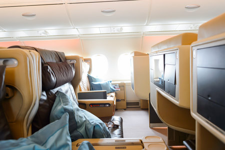 HONG KONG- NOVEMBER 03, 2015: interior of Singapore Airlines Airbus A380. Singapore Airlines Limited...