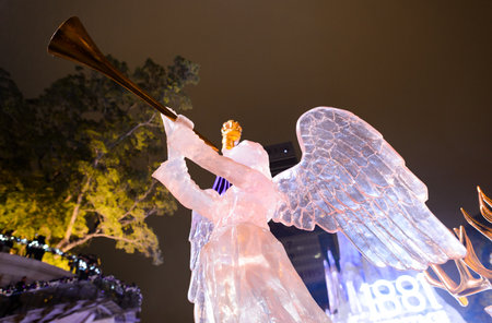 HONG KONG - DECEMBER 25, 2015: Hong Kong at Christmas night. Hong Kong is an autonomous territory on the southern coast of China at the Pearl River Estuary and the South China Sea.のeditorial素材