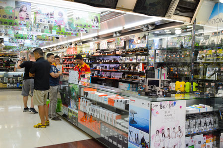 HONG KONG - JUNE 01, 2015: interior of the store at Mongkok. Mong Kok (also spelled Mongkok) often...