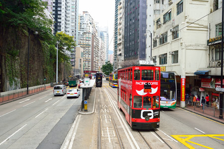 HONG KONG - DECEMBER 25, 2015: view from upper deck of double-decker tramway. The tram is the cheapest mode of public transport on Hong Kong islandのeditorial素材