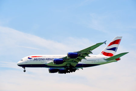 HONG KONG - JUNE 04, 2015: British Airways A380 landing at Hong Kong airport. British Airways is the...