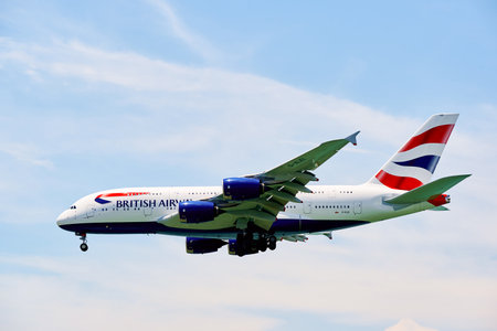 HONG KONG - JUNE 04, 2015: British Airways A380 landing at Hong Kong airport. British Airways is the...