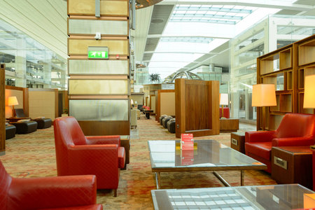 DUBAI, UAE - NOVEMBER 16, 2015: interior of Emirates business class lounge. Emirates is the largest airline in the Middle East. It is an airline based in Dubai, United Arab Emirates.のeditorial素材