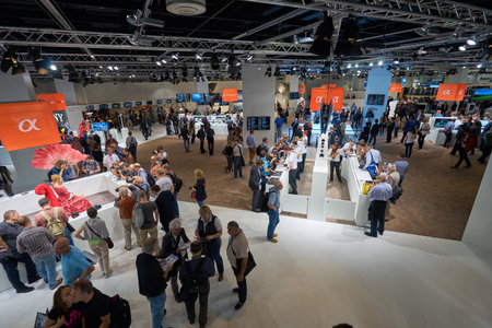 COLOGNE, GERMANY - SEPTEMBER 19, 2014: inside of Cologne Exhibition Centre during Photokina exhibition. The Photokina is the world's largest trade fair for the photographic and imaging industriesのeditorial素材