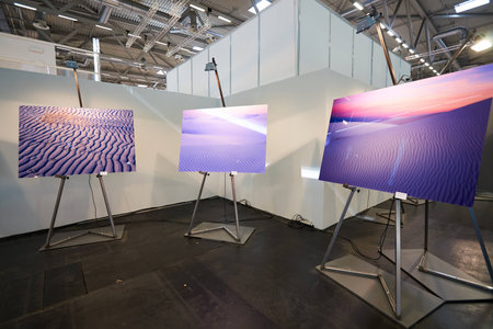 COLOGNE, GERMANY - SEPTEMBER 19, 2014: inside of Cologne Exhibition Centre during Photokina exhibition. The Photokina is the world's largest trade fair for the photographic and imaging industriesのeditorial素材