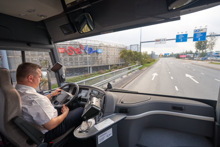 HELSINKI, FINLAND - SEPTEMBER 21, 2014: inside Volvo bus. Volvo Buses is the world's largest bus manufacturer, with a complete range of heavy buses for passenger transportationのeditorial素材