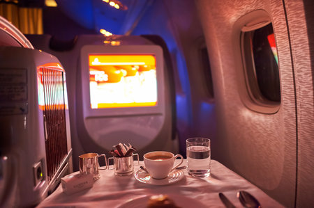 MOSCOW, RUSSIA - MARCH 30, 2015: inside of Emirates Boeing-777. Emirates is one of two flag carriers of the United Arab Emirates along with Etihad Airways and is based in Dubai.のeditorial素材