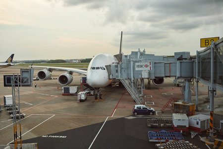 SINGAPORE - NOVEMBER 03, 2015: A380 docked at Changi Airport. Singapore Changi Airport, is the...