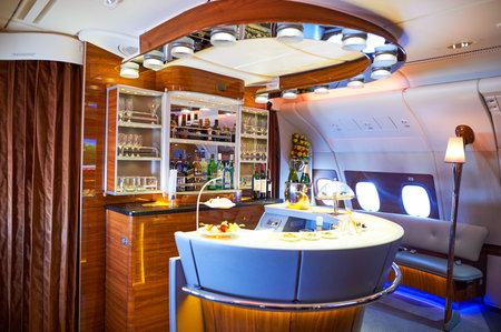 DUBAI, UAE - MARCH 31, 2015: interior of Emirates Airbus A380. Emirates is one of two flag carriers...