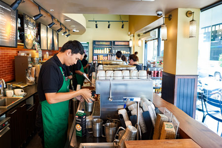 PATTAYA, THAILAND - FEBRUARY 20, 2016: inside of Starbucks Cafe. Starbucks Corporation is an American global coffee company and coffeehouse chain based in Seattle, Washingtonのeditorial素材