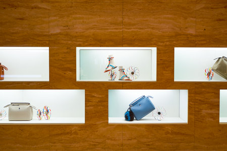 HONG KONG - JANUARY 26, 2016: design of Fendi store at Elements Shopping Mall. Fendi is an Italian luxury fashion house whose specialities include fur, ready-to-wear, leather goods, shoes, fragrances, eyewear, timepieces and accessories.のeditorial素材
