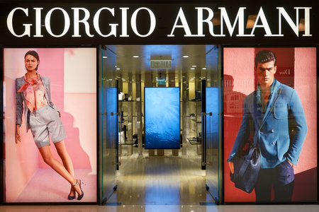 HONG KONG - JANUARY 26, 2016: Giorgio Armani store at Elements Shopping Mall. Elements is a large shopping mall located on 1 Austin Road West, Tsim Sha Tsui, Kowloon, Hong Kongのeditorial素材