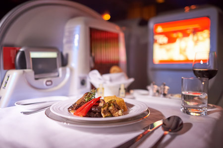 MOSCOW, RUSSIA - MARCH 30, 2015: inside of Emirates Boeing-777. Emirates is one of two flag carriers of the United Arab Emirates along with Etihad Airways and is based in Dubai.のeditorial素材